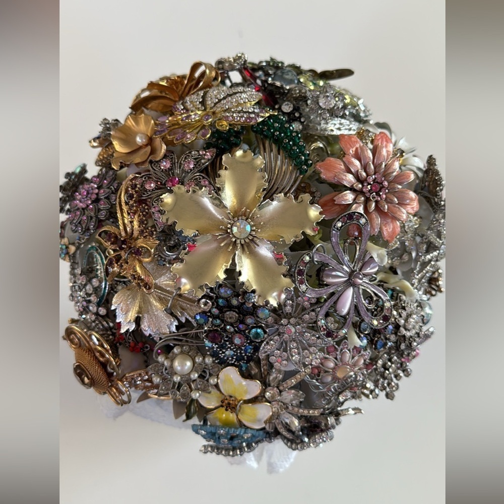 Colorful, Floral Brooch Bouquet with many vintage pieces
